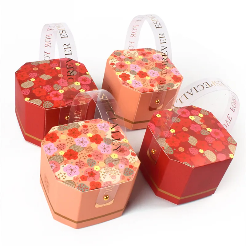 

Hot Sale New 10Pcs Wedding Plum Blossom Rivet Cake Candy Box Portable Chinese Festive Red Pouch Gift Octagonal Paper box