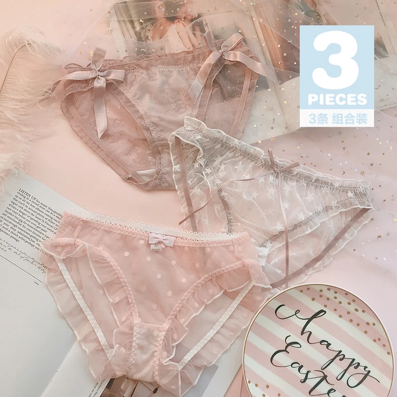 3 шт. милые Лолиты Kawaii сексуальные Мягкие сетчатые пряжа средней талии кружевные трусики милое нижнее белье принцессы хлопковые трусики с рюшами