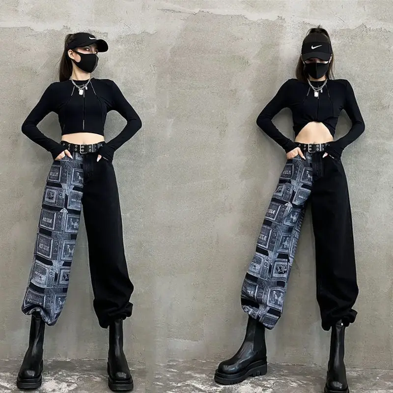 

Design sense fried Street black jeans women's high waist straight tube loose wide leg pants show thin contrast stitching daddy