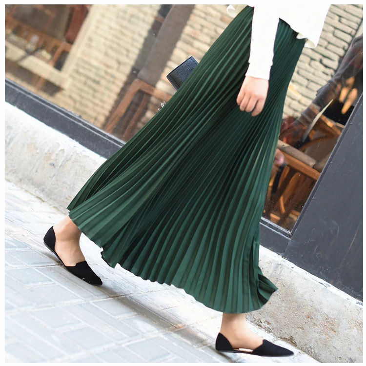 

Korean Solid Long Pleated Skirt Women A-Line Big Swing Elastic Waist Boho Maxi Skirt 18 Colors 2020 Spring Summer