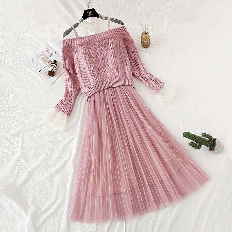 2019 Новая мода женский трикотаж + ремень платье кружевной свитер Сетчатое