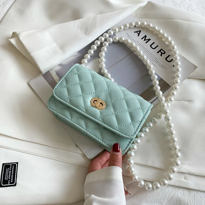 

Pearl Belt Mini PU Leather Crossbody Bags For Women 2021 Luxury Shoulder Handbags Ladies Branded Summer Travel Lipstick Purses