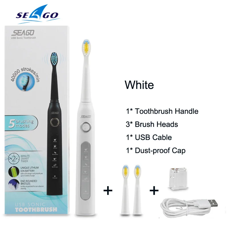 SeagoWhite Seago SG-507, электрическая зубная щетка, звуковая волна, вибрация, чистое отбеливание зубов, 3 сменные насадки, 5 режимов, зарядка от USB - Цвет: SeagoWhite