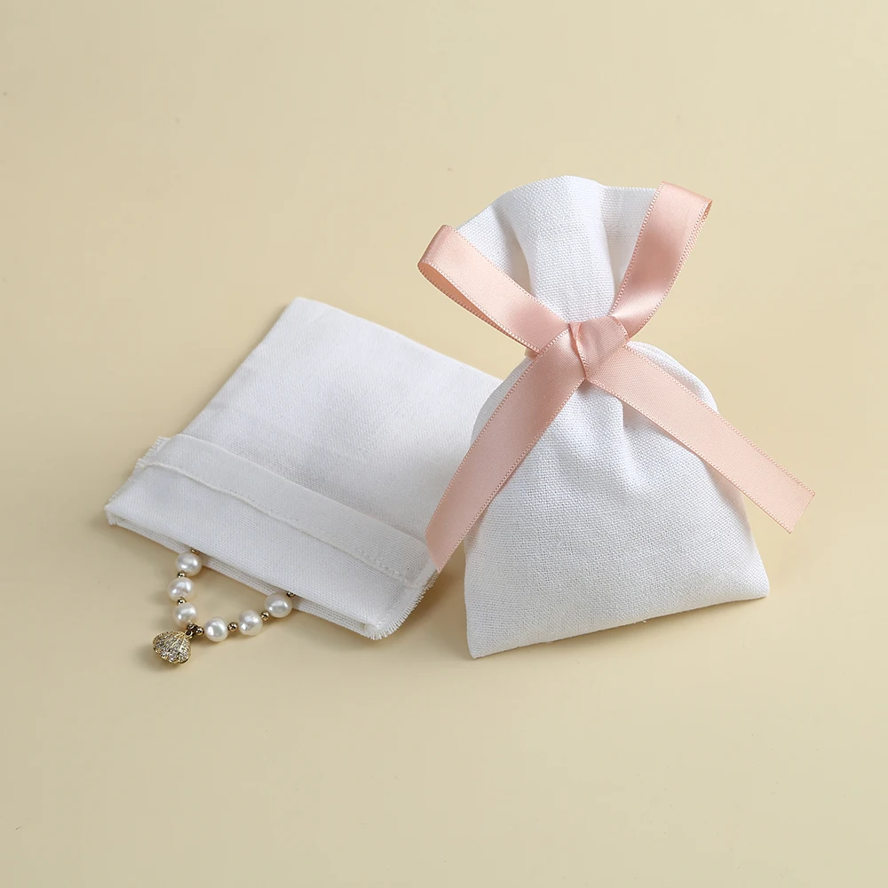 50pcs White Cotton Burlap Jewelry Bag with Ribbon Custom Logo Can Choose Ribbon Color Pouch for Wedding Christmas Candy Gift Bag
