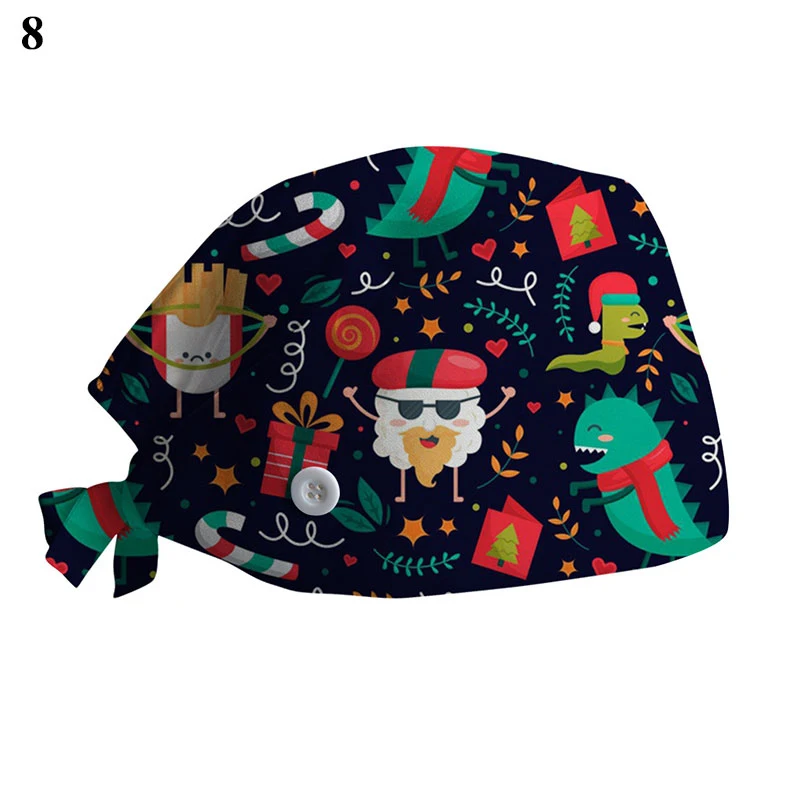 

1pc Christmas Printing Pet Scrub Caps Sweet Scrubs Hat Nursing Cap 100% Cotton Beautician SPA Working Headwear Chef Cooking Hats