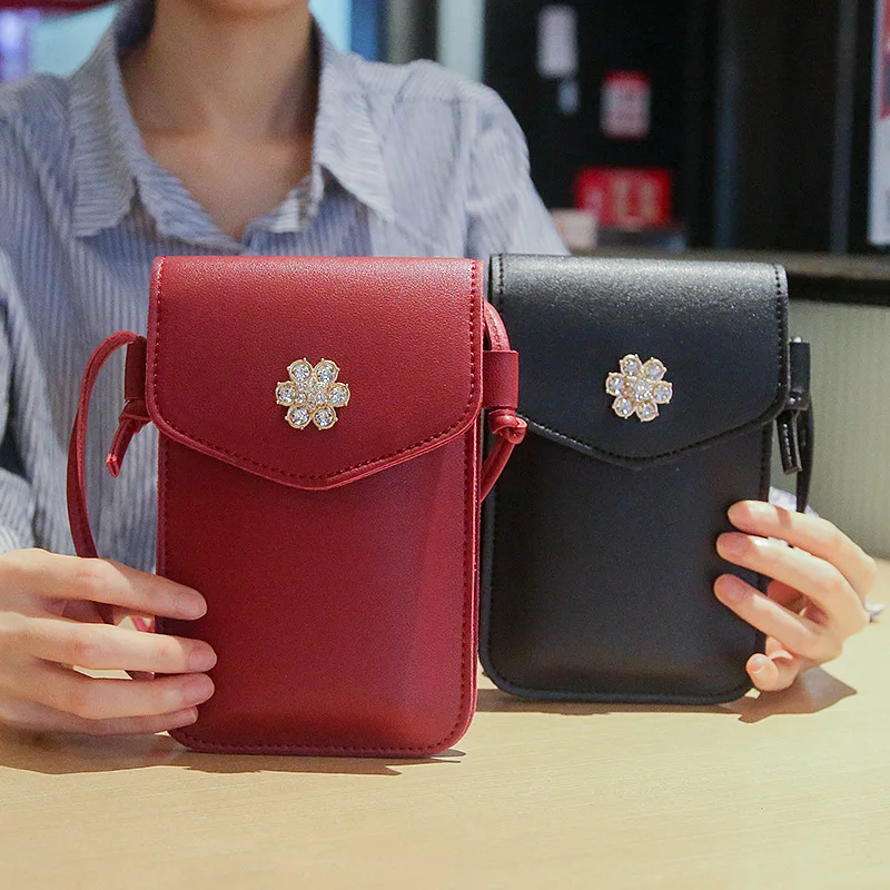 KANDRA Fashion Women Casual Shoulder Pocket Crystal Flower Deco Female Crossbody Bags Pu Leather Coin Purse Mini Phone Bag 2019 | Багаж и