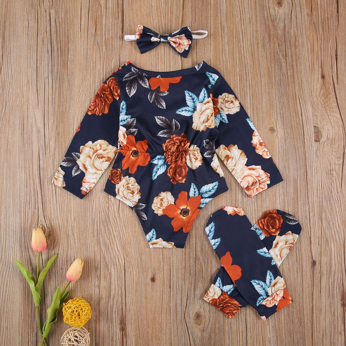 

3Pcs Toddler Baby Girls Clothes Newborn Girls Long Sleeve Flower Print Romper +Leg Warmer +Bow Headband Outfits Infant Clothing