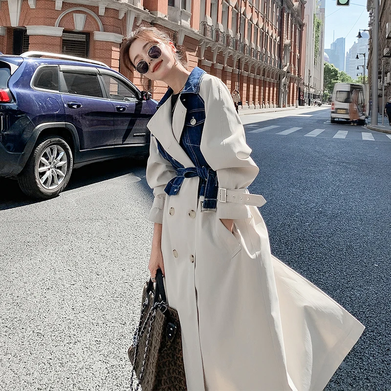 Fashion Long Double-Breasted Trench Coat for Women with Denim Patckwork Lady Duster Coat Windbreaker Spring Autumn Khaki Beige