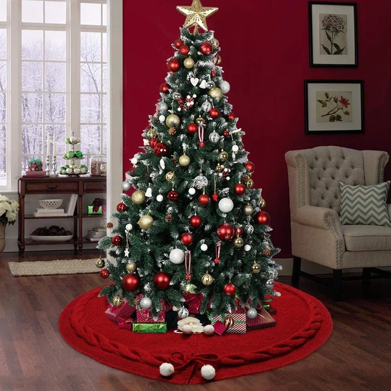 

120CM Christmas Tree Skirt Red Knit Tree Skirt with Double Layers Rustic Design for Christmas Holiday Decorations(2Pcs)