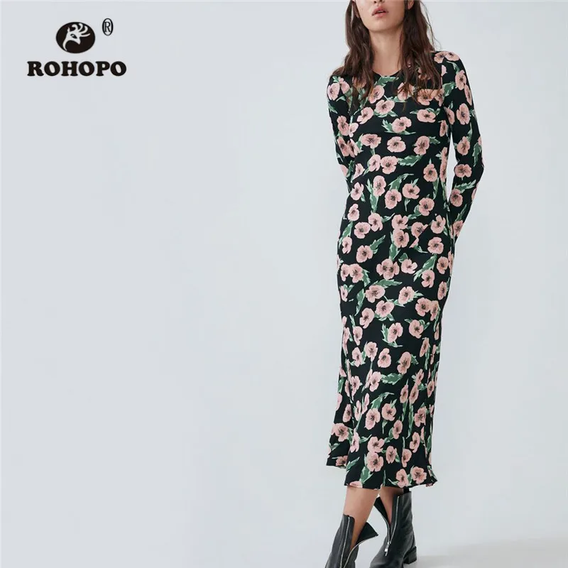 ROHOPO розовое Цветочное платье миди с длинным рукавом и круглым воротником черное