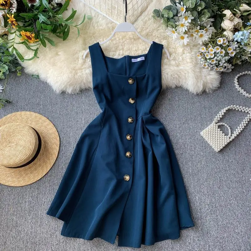 

FMFSSOM Retro Vintage Square Collar Button Single Breasted Women Female Small Sleeveless Slim Irregular Dress