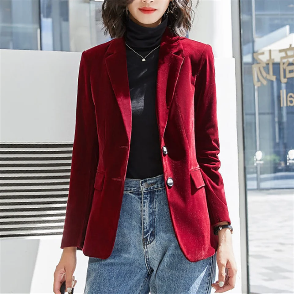 

Women Blazer Casual Slim Retro Velvet Blazers Jackets Work Coat Outerwear Fashion Autumn Career Female Jacket Office Lady
