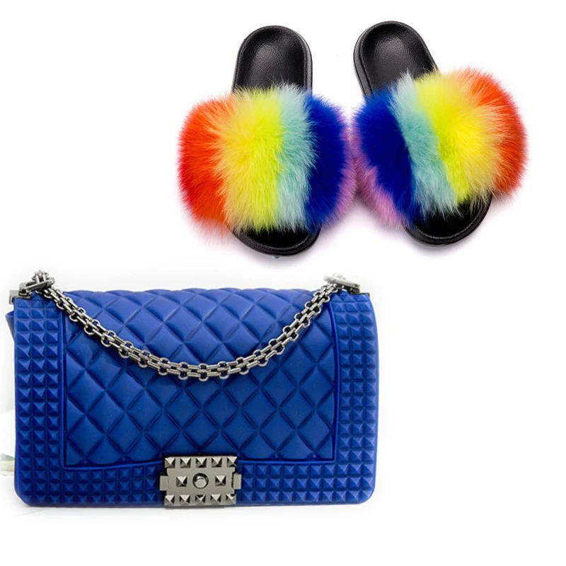 Женские тапочки с натуральным лисьим мехом Прозрачная сумка на плечо Комплекты