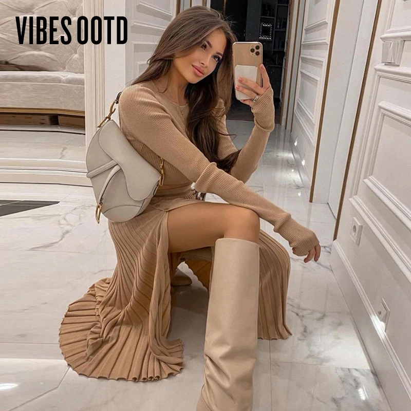 VIBESOOTD Solid Knitted Cropped Top Midi Skirt Two Piece Set Women Matching Set Outfits Button Up Split Skirts Autumn Winter