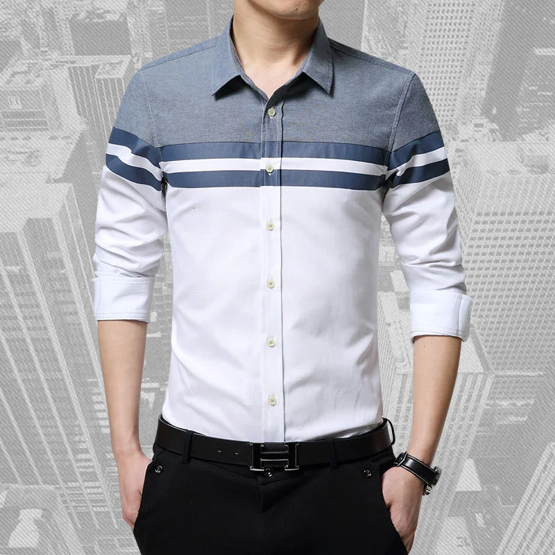 

Brand Stripe Mens Shirts Clothing Slim Fit Patchwork 2021 Fashion Clothes Male Long Sleeve Korean Shirt For Men Camiseta Male