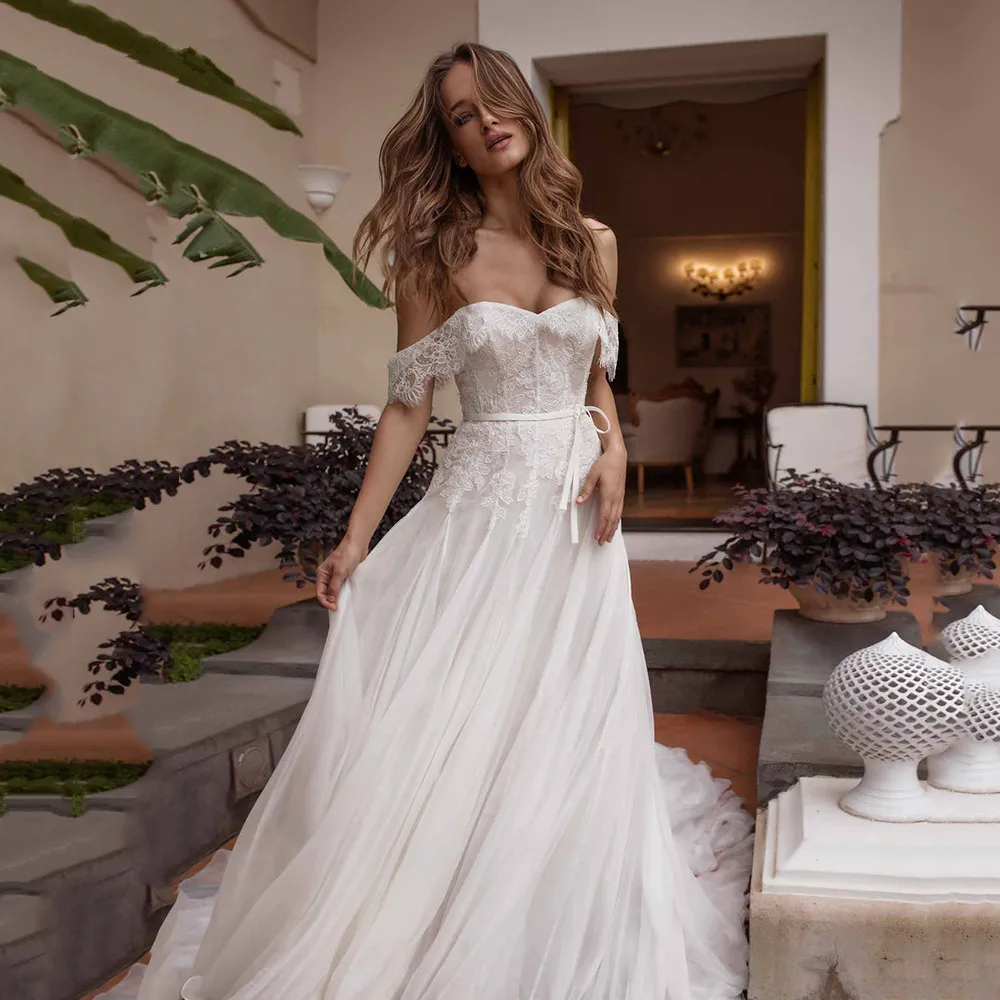 

Simple Ivory Wedding Dresses 2021 Chiffon Lace Sweetheart Off the Shoulder Corset Bride Dress Appliques Sash A-Line Bridal Gown