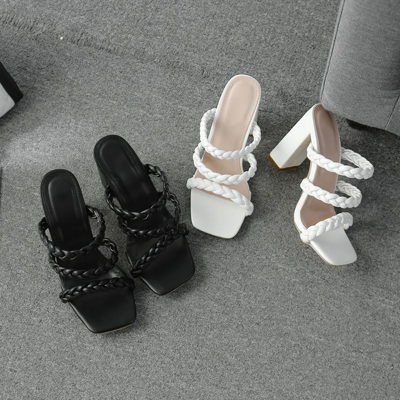 

High-Heeled Shoes Lady Square Toe Black Sandals Low Ladies' Slippers Slipers Women Beige 2021 Rubber Slides Basic PU Solid Fabri