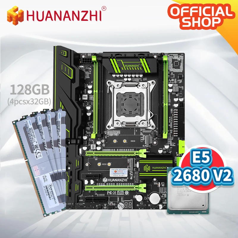 Verkauf HUANANZHI X79 GRÜN 2,49 X79 Motherboard Mit Intel XEON E5 2680v2 Mit 4*32G DDR3 RECC Speicher Combo Kit Set NVME SATA USB 3,0