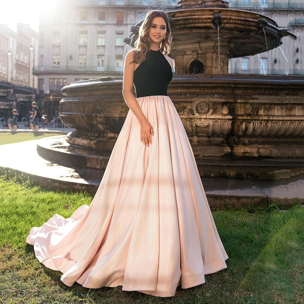 

Elegant A-Line Evening Dress Halter Neck Sleeveless Velour Evening Gown Hot Sale Draped Long Prom Dress 2021 New Sample