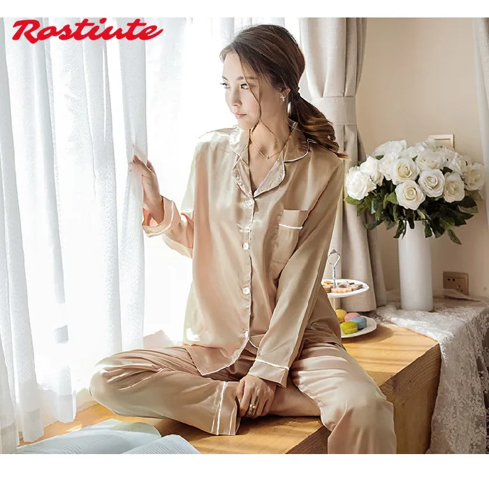 

Ice silk solid color V-neck pajamas women's summer long-sleeved large size plus fat loose two-piece suit satin sexy pajamas