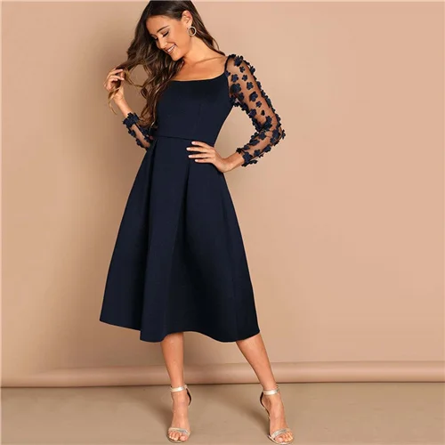 SHEIN Night Out Contrast Mesh Appliques Pleated Square Neck Knee Length Dress Autumn Modern Lady Workwear Women Dresses - Цвет: Navy