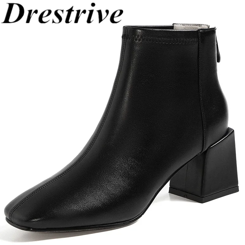 

Drestrive Women's Ankle Boots Cow Leather Mid Heels Square Toe Zipper 2020 Autumn Black Thick Heels Girls Classics Boots