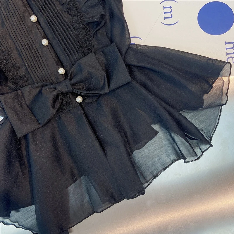 

Elegant Bowknot Shirt For Women Lapel Puff Short Sleeve Patchwork Solid Blouses Female Summer Fashion New 2021 Tide