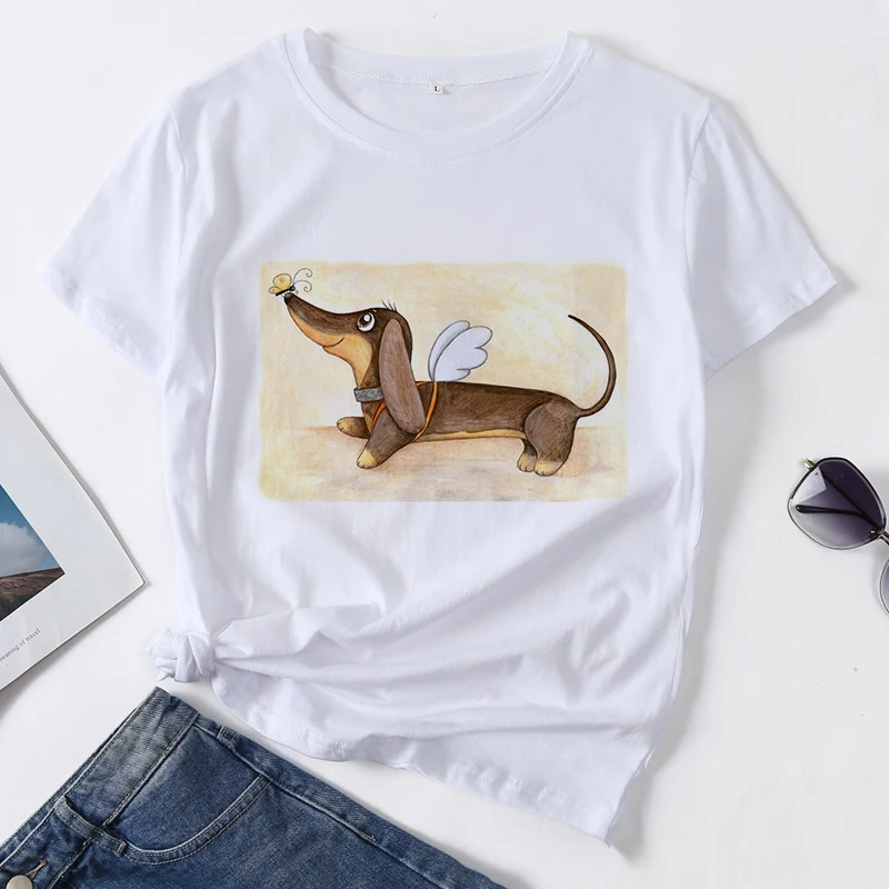 

Kawaii Clothes Dachshund Funny Manga T Shirt Women Harajuku Cute Dog And Cat 2021 Summer Tshirt Tee Shirt Femme Tops Plus Size
