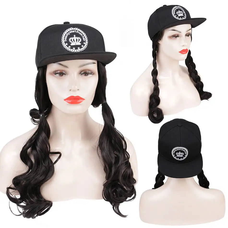 Beauty On Line Hair Extensions Body Wave Synthetic Wig With Black Adjustable Baseball Cap Dark Brown Attached Removable Hat |