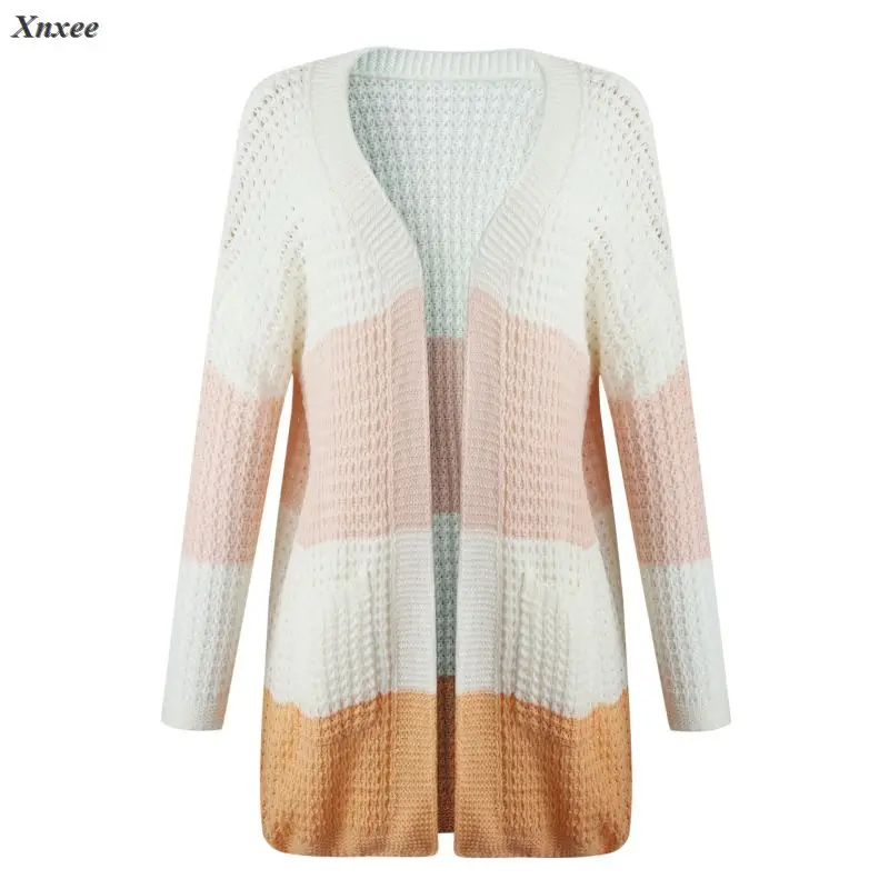 

Xnxee 2020 Autumn Women Hooded Long Cardigan Sweater Striped Color Coats Loose Cardigan Long Sleeve Casual Knit Sweater Coat
