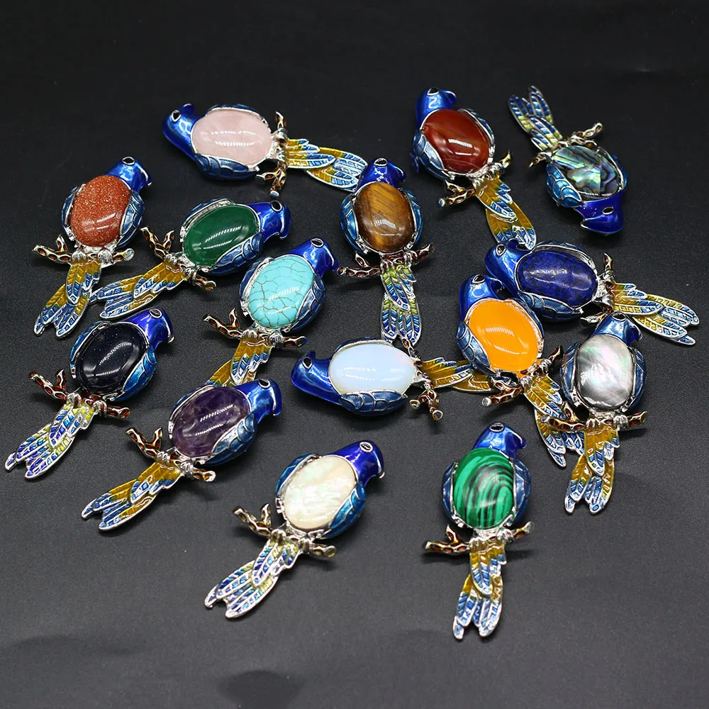 

2021Hot Sale Natural Stone Cloisonne Cute Parrot Shape Brooch Pendant Making DIY Fashion Necklace Earrings Jewelry Hanging Gift