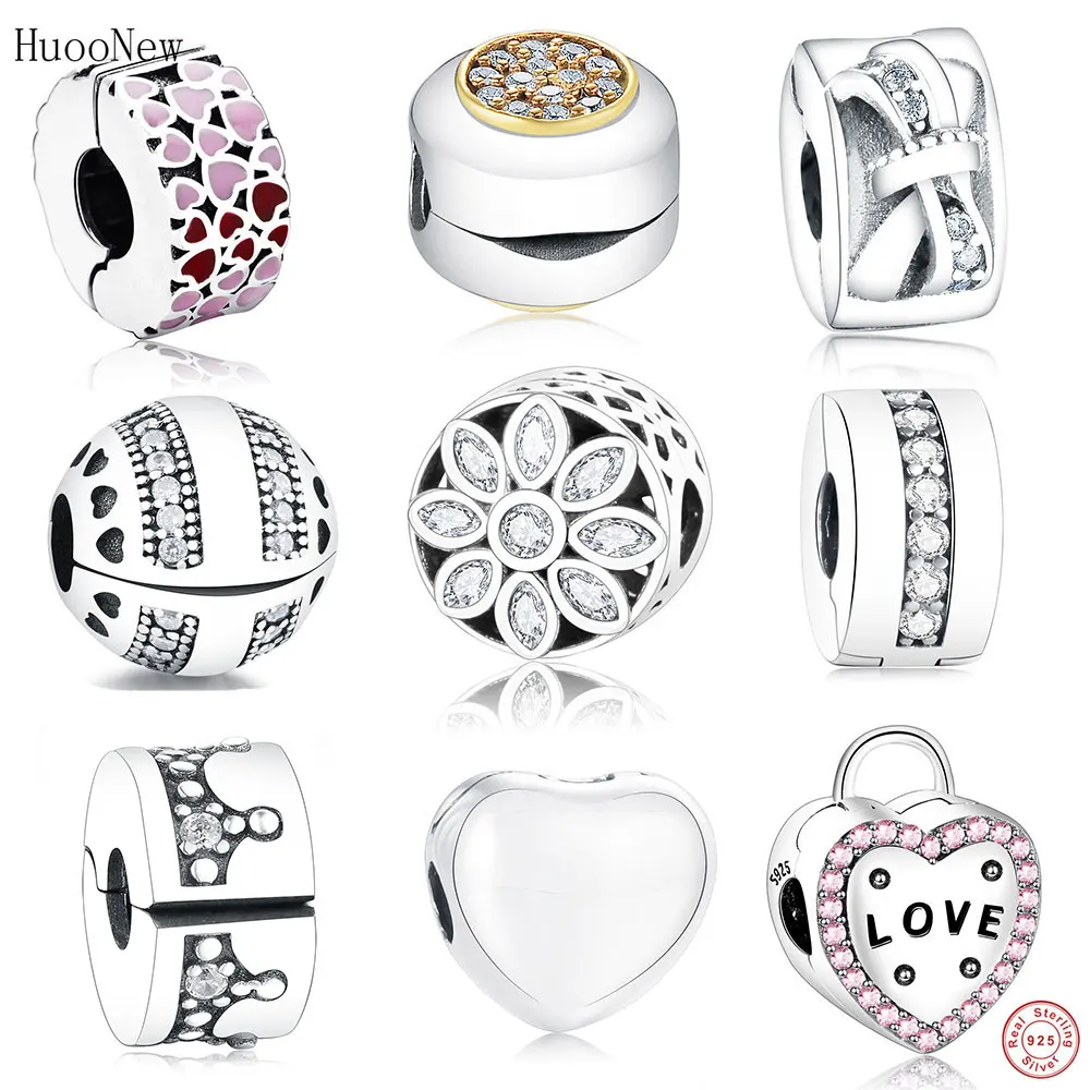 

Fit Original Brand Charms Bracelets 925 Silver Pink Red Enamel Love Heart Clip Stopper Beads Jewelry Making Berloque