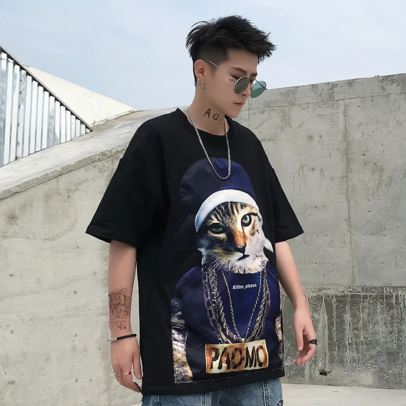 Liketkit летняя мужская футболка в стиле хип-хоп с рисунком кота Харадзюку хлопок