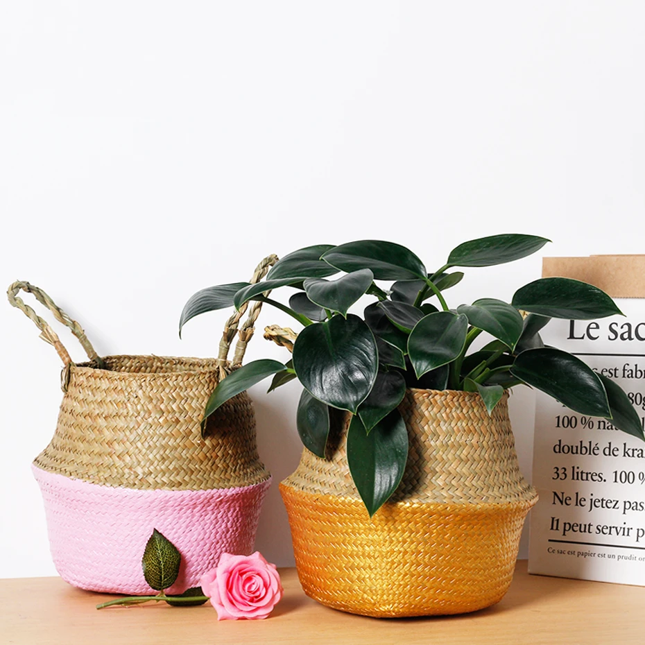 3 стиля водорослей ваза цветочный горшок корзина соломы ротанга завод хранения