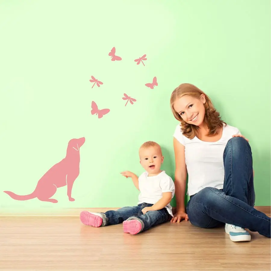 Cat Dog and Butterfly Wall Sticker Art Vinyl Dachshund Decal for Kids Nursery Room Decor Funny Home Removable DIY Wallpaper Gift | Дом и сад