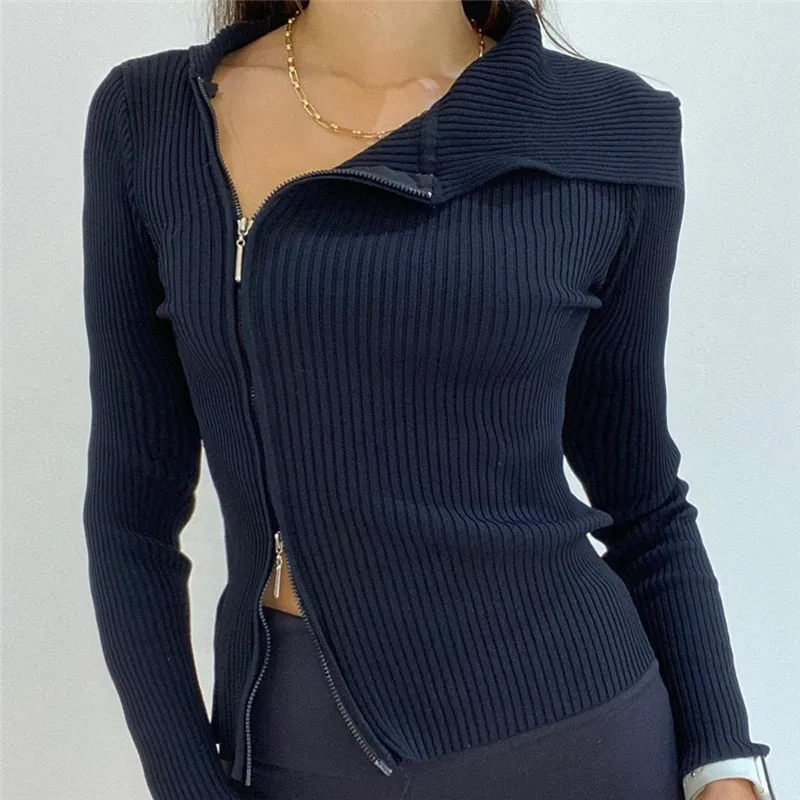 

Autumn Double Zipper Knitted T-shirt Fashion Turn Down Collar Long Sleeve Slim Fit Crop Top Female Spring Casual Basic Black Tee