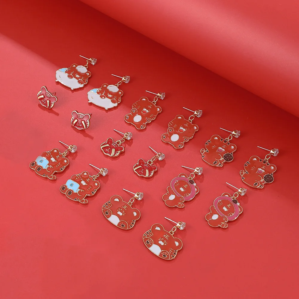 

New Lovely Cartoon Red Color Alloy Zircon Chinese Zodiac Tiger Stud Earrings Piercing Jewelry Girl 2022 Natal Yearl Gifts