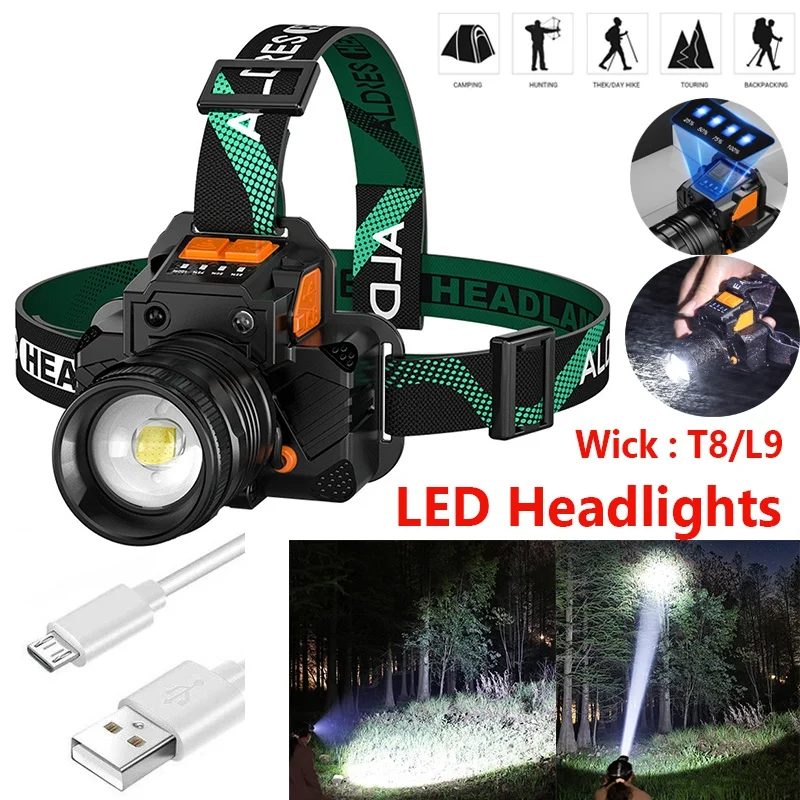 

T8/L9 Headlamp Sensor Headlight Rechargeable Ultra Bright Long Range Focusing Head Mounted Night Fishing Outdoor White Light