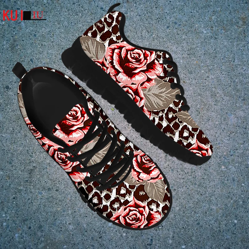 

KUILIU Autumn Casual Flat Shoes Women Rose Leopard Pattern 2021 Sneakers Shoes Comfortable Mesh Flats Female Shoes Dropshipping