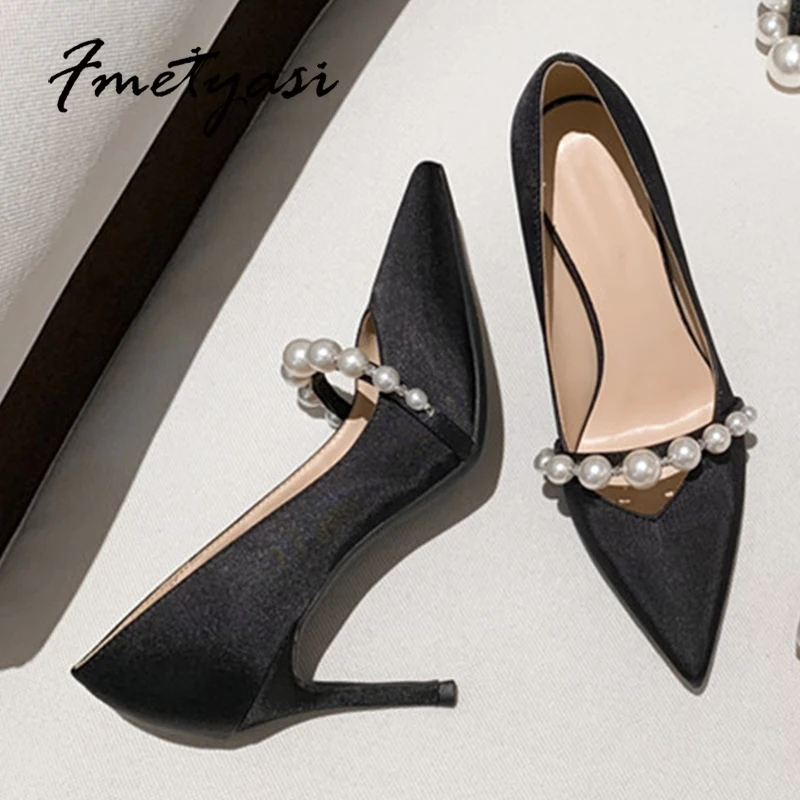 

Satin Women Pumps Fashion Pearls Shallow Thin High heels 2022 Spring Summer Ladies Dress Shoes Wedding Bridal Shoes