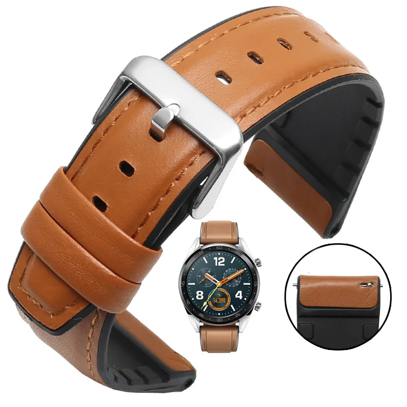 brown silver buckle Ремешок из натуральной кожи и силикона для huawei Watch GT Watch 2pro Dream Magic watch ремешок 22 мм смарт-часы браслет - Цвет ремешка: brown silver buckle