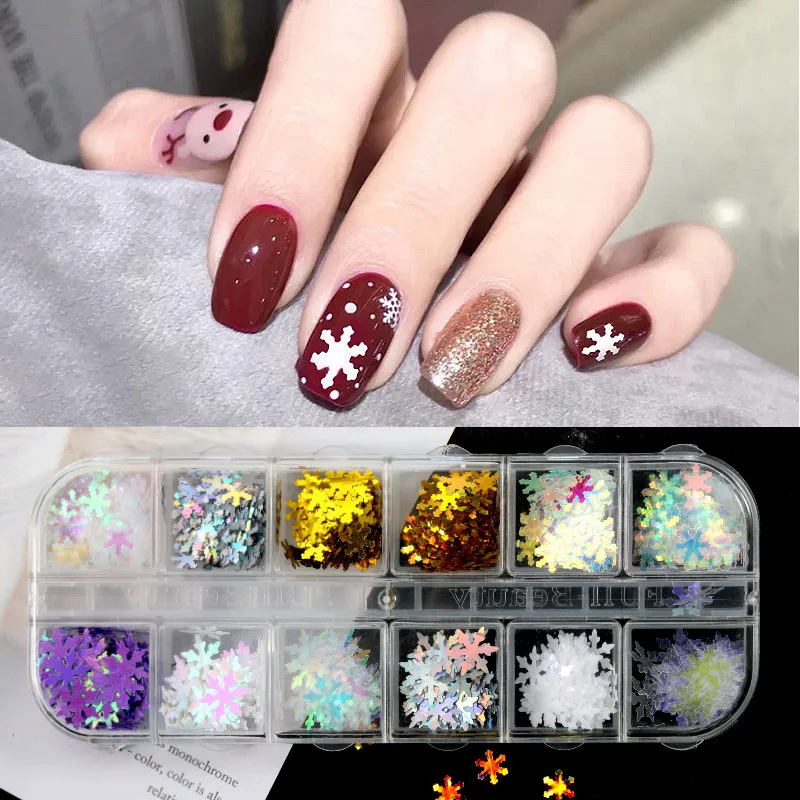 

12 grids/box nail polish sequins multicolor mixed christmas snowflake nail art decoration set