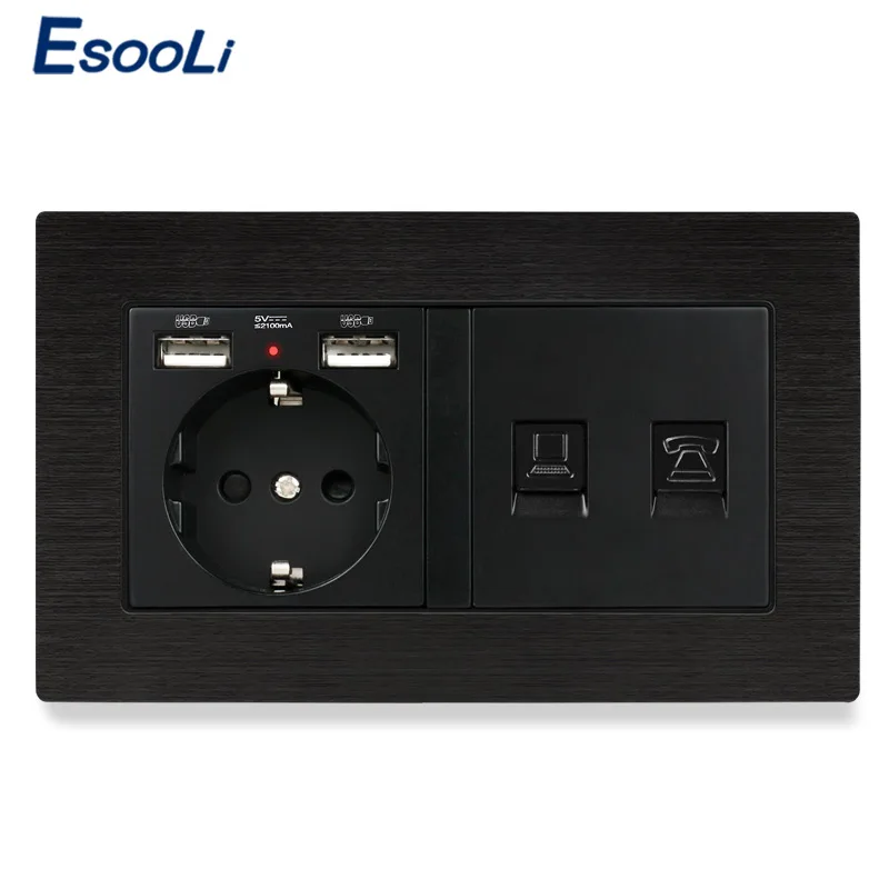 Алюминиевая металлическая панель Esooli стандарт ес usb-разъем enchufe с 2 USB-разъемами и