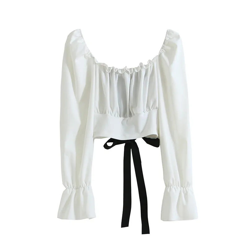 

Женская приталенная рубашка с длинным рукавом, однотонная короткая Облегающая рубашка с завязкой на талии, в стиле ретро, для лета