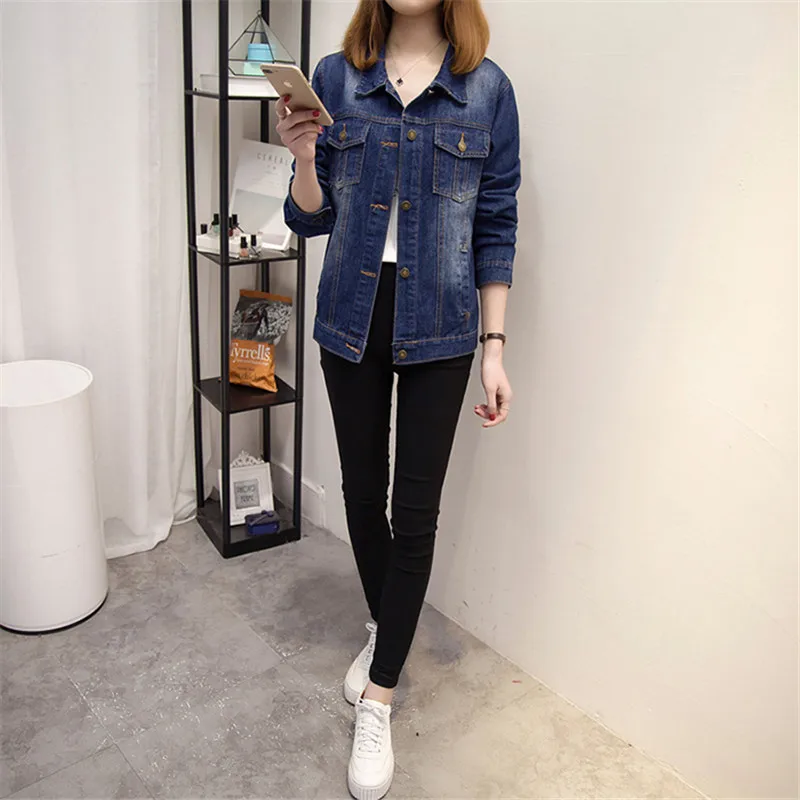 Женская джинсовая куртка весна-осень винтажная Короткая синяя с длинным рукавом