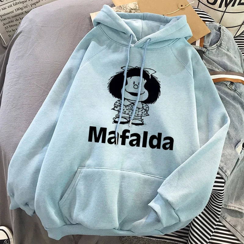 Mafalda Kawaii Cartoons Hoodies Women Spring Oversized Long Sleeve Mafalda Graphics Fashion Clothes Sweetshirts Blue Fall Tops