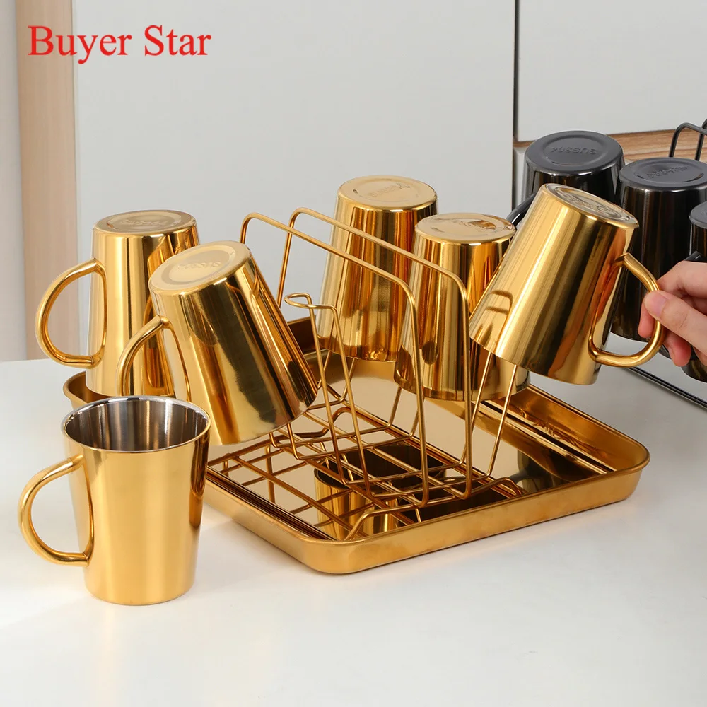 8PCS Coffee Mug Stainless Steel Water cup With Drinking tumbler Mug Rack Metal Food Dessert Plate Kitchen Restaurant Bar utensil