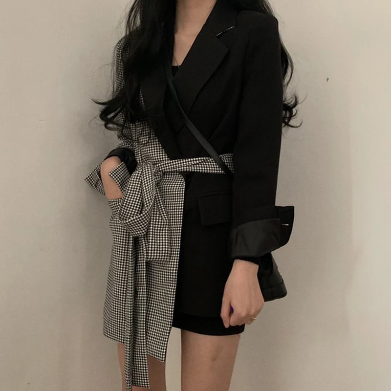 Женские блейзеры корейский Ретро Модный костюм клетчатые Женский с поясом на