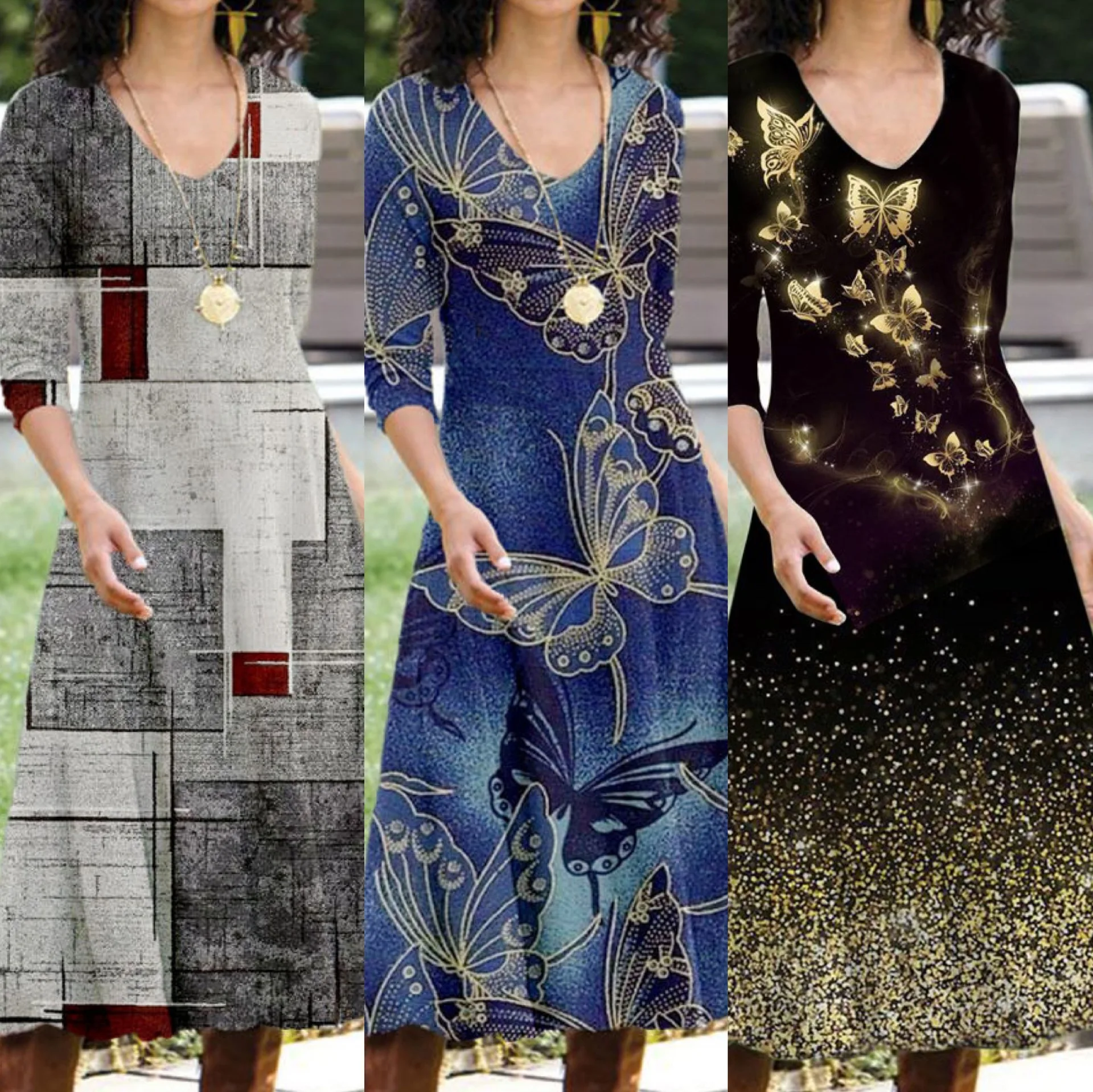 

Women New Loose Boho Vintage Ruffles Befree Printed Elegant Party Dress Large Big Summer Party Midi Dresses Plus Sizes