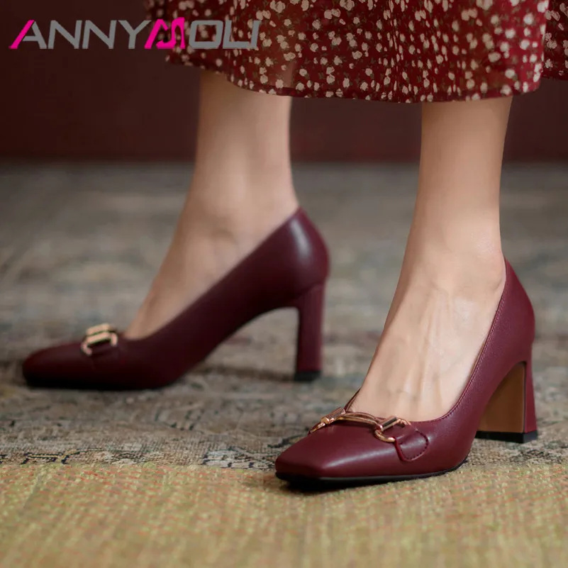 

ANNYMOLI Thick Heels Women Shoes Square Toe Pumps Metal Decoration Shallow Footwear Slip On High Heel Shoes Spring Apricot 33-40